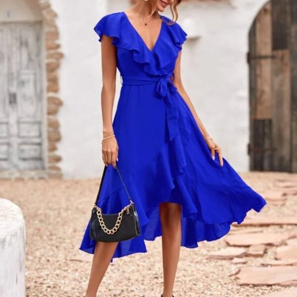 MODA ME COUTURE Dresses & Skirts - Lovely SummerTime Flowy Ruffle Belted Midi Dress blue
